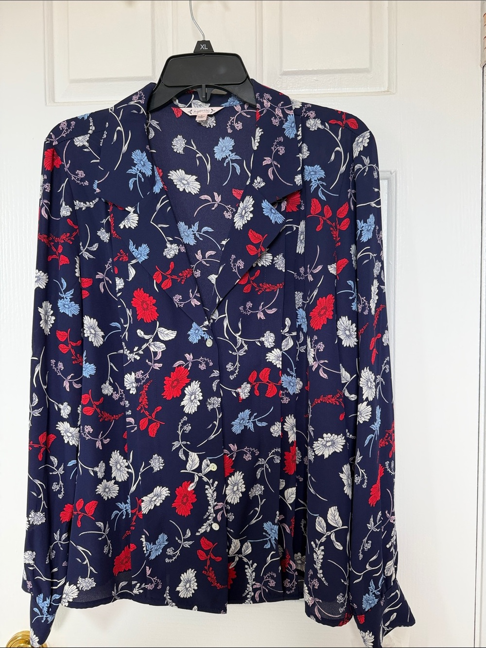 Nanette Lepore Navy Floral Button-Front Blouse – Red, Light Blue & White Print